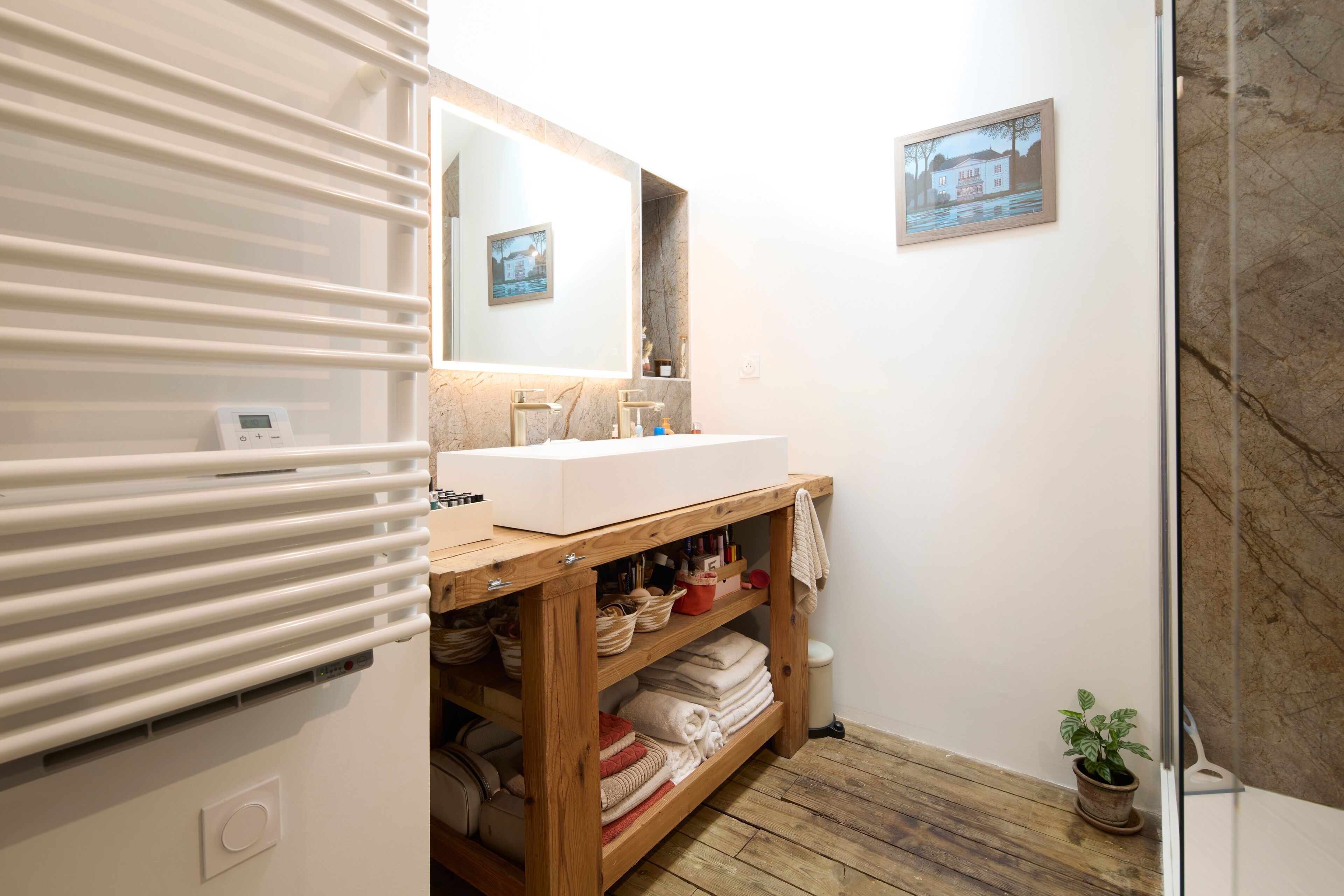 Une salle de bain avec un lavabo blanc, un meuble-lavabo en bois et un miroir. On y trouve une petite plante en pot et un tableau encadré accroché au mur.