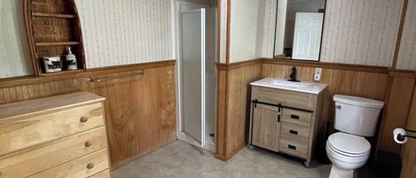 Une salle de bain avec un meuble-lavabo en bois, des toilettes et une douche.
