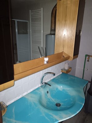 Hair dryer, bidet, towels, soap