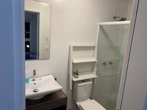 Hair dryer, towels, soap, toilet paper