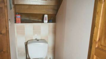 Un bagno piccolo e stretto con soffitto in legno, un water bianco e pavimento piastrellato.