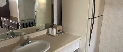 Un baño con lavamanos, espejo y refrigerador.