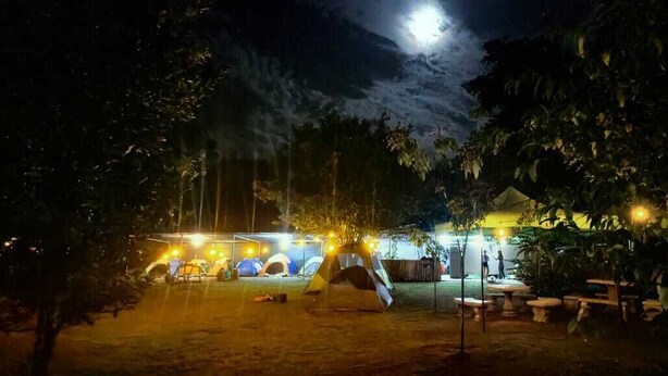 A campsite at night with tents, a dining area, and a large tree in the foreground. - Zompopas Trail (Puerto Jiménez)