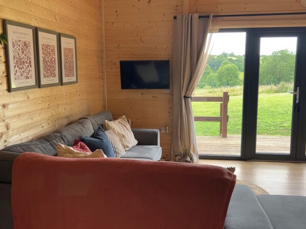 A wooden interior with a sofa, a flat-screen TV, and framed botanical artwork.