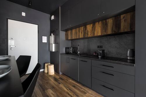 Appartement luxueux, balcon, vue sur la ville | Cuisine privée | Mini-réfrigérateur, four à micro-ondes, surface de cuisson