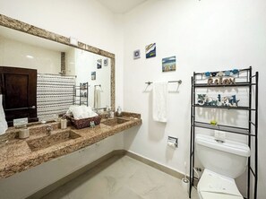 Chuveiro, secador de cabelo, toalhas de banho, sabonete