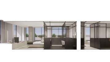 A modern office space with a large desk, a chair, and a bed.