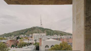 Vista desde un balcón con vistas a un paisaje urbano que incluye edificios, una colina con una torre y una noria a lo lejos.