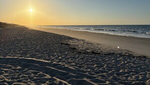 Una playa con cielo despejado y el sol poniéndose o saliendo.