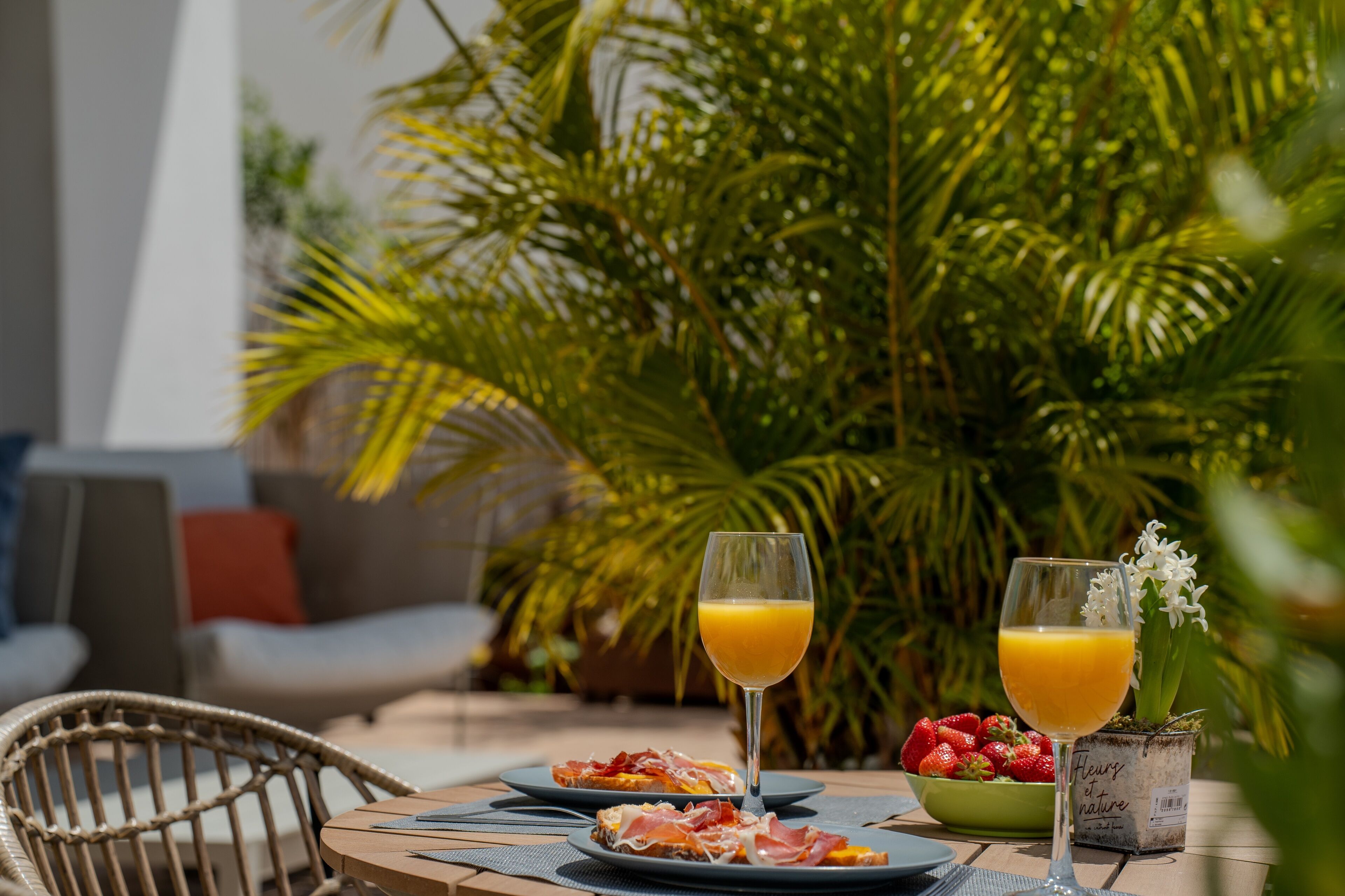 Ein Tisch mit Frühstücksangeboten, darunter Toast, Obst und Saft, draußen mit Blick auf Palmen.