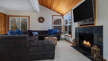 Smart TV, fireplace, DVD player, foosball