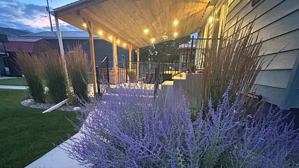 A covered patio area with a wooden roof and outdoor lighting, surrounded by a garden with purple flowering plants. - Spacious 5-bedroom house in beautiful Anaconda with Salt water Hot Tub (Anaconda)