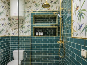 Douche, séchoir à cheveux, serviettes fournies