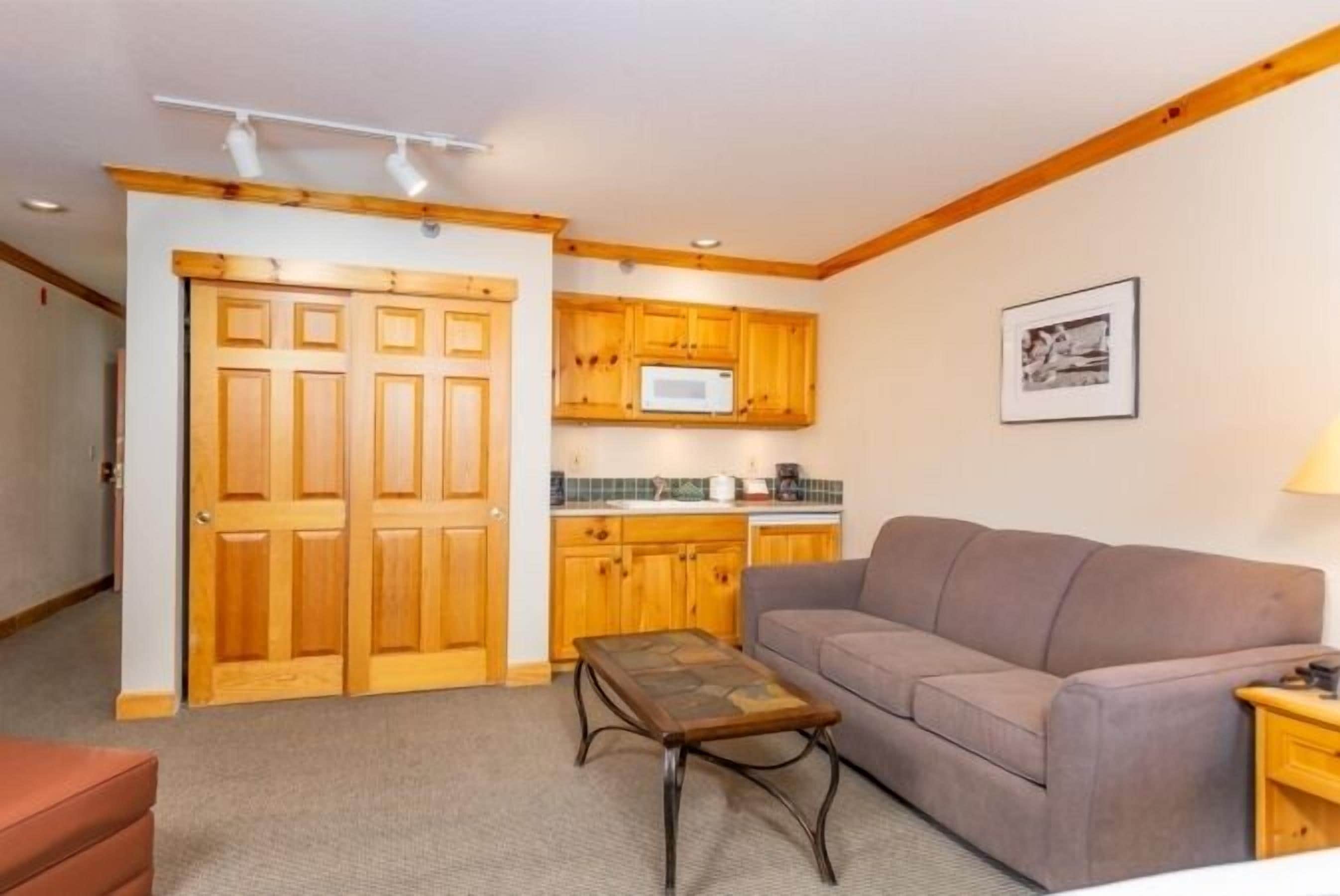 Un espacio habitable pequeño con kitchenette, un sofá, una mesa de centro y una puerta de madera.