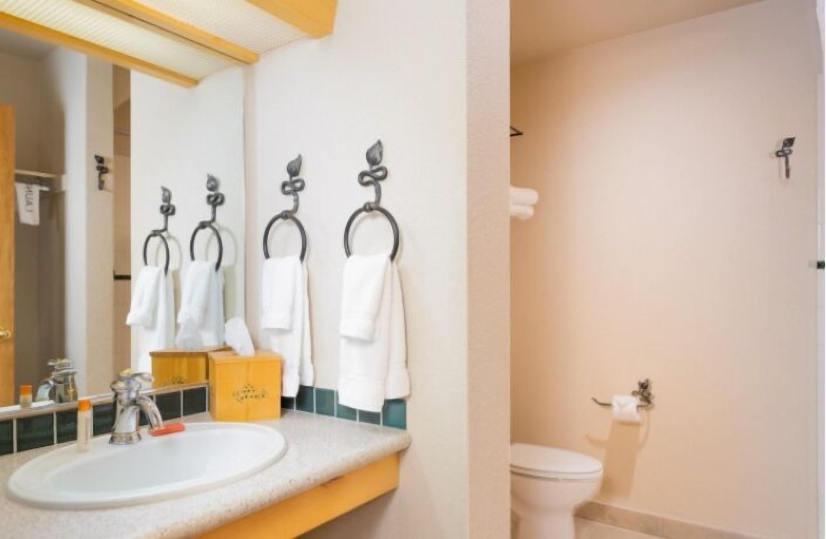 Une salle de bain équipée d’un lavabo, d’un miroir, d’un porte-serviettes, de toilettes et d’une petite poubelle.
