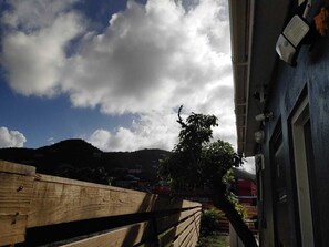 A wooden fence, a tree, and a building with a blue exterior. - Tropical Getaway/Guest Room - Reflection BVI w/modern amenities and comfort! (East End)