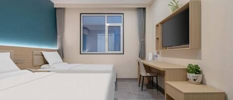 A hotel room with a bed, a desk, a chair, a TV, and a window.