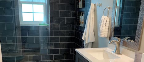 Shower, hair dryer, towels, soap