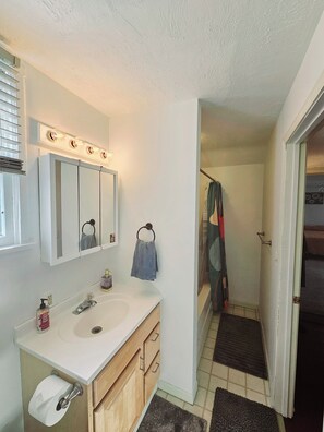 Secadora de cabello, toallas, jabón, papel de baño 