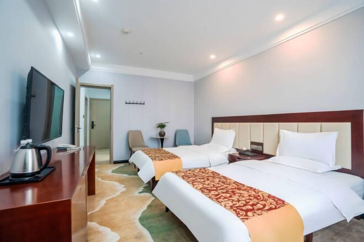 A hotel room with two beds, a TV, a desk with a kettle, and a small table with a plant.