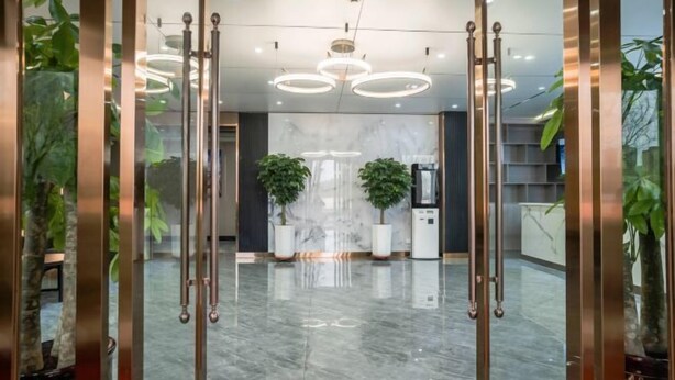 Un área de recepción moderna con suelo de mármol, fuente de agua y plantas en macetas.