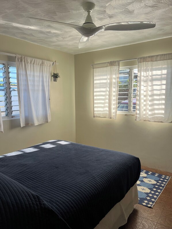 A bedroom with a bed, a ceiling fan, a window with curtains, and a view of the outside.