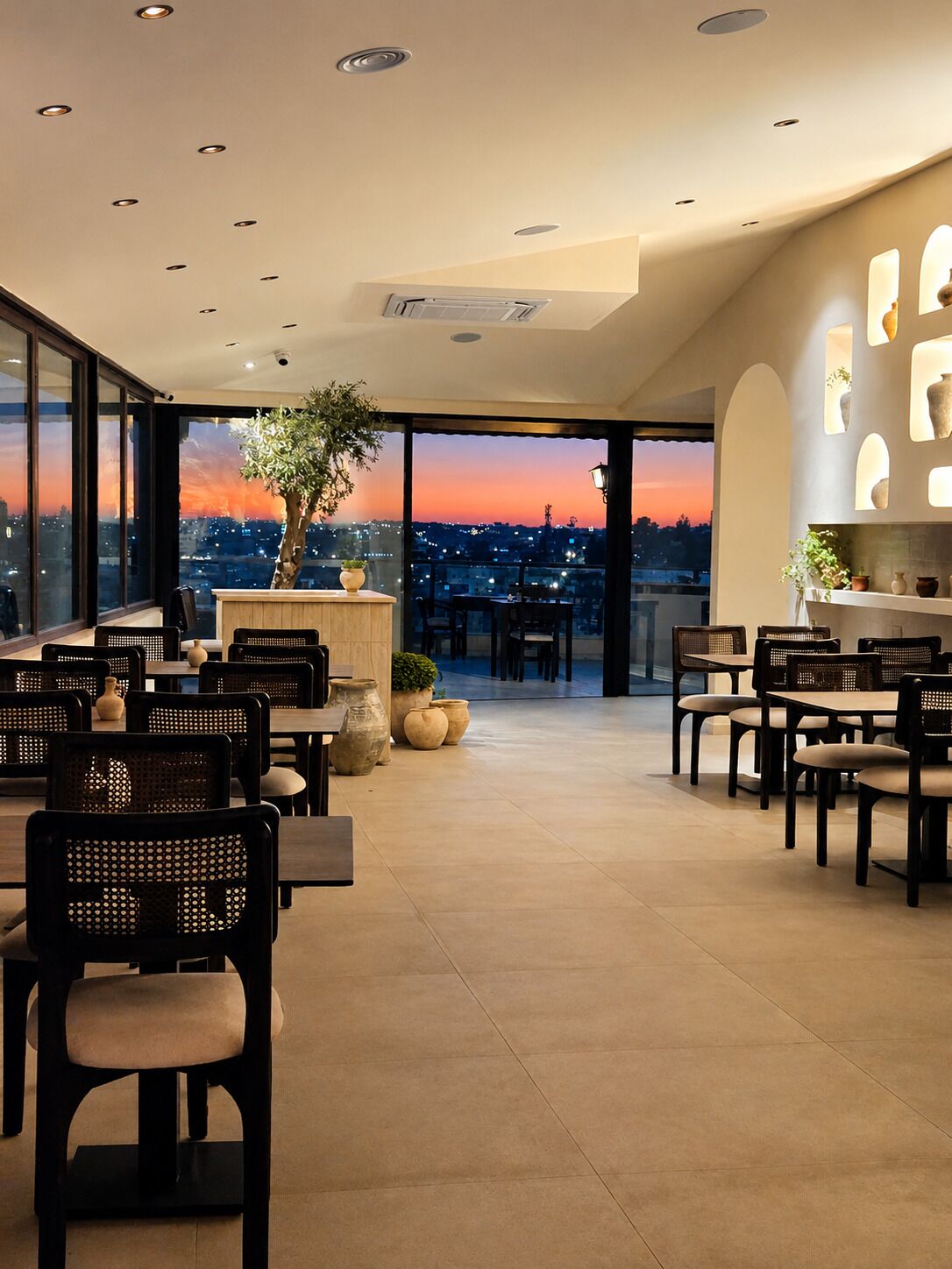 A spacious dining area with tables and chairs, a large potted plant, and a view of the city at sunset.