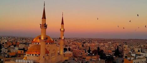Una mezquita con dos minaretes y una cúpula, rodeada de una zona urbana densamente poblada.
