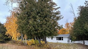 Une maison blanche avec un porche, entourée d’arbres aux feuilles d’automne et bordée d’un étang.