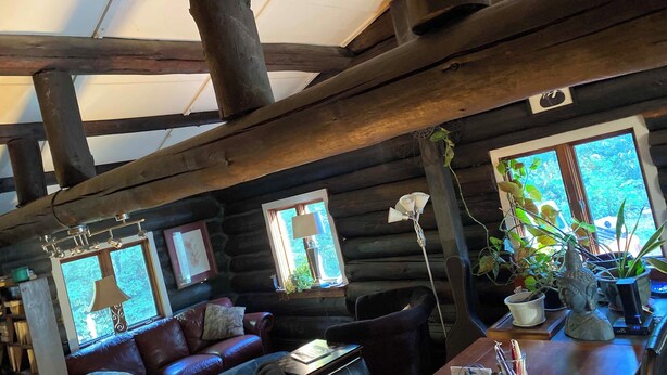 Interior d'una cabana rústica amb sostre de fusta, sofà de cuir i taula de menjador amb un ram de flors.