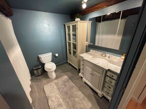 Hair dryer, towels, soap, toilet paper