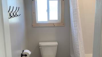 Ensemble baignoire-douche, articles de toilette (gratuits)