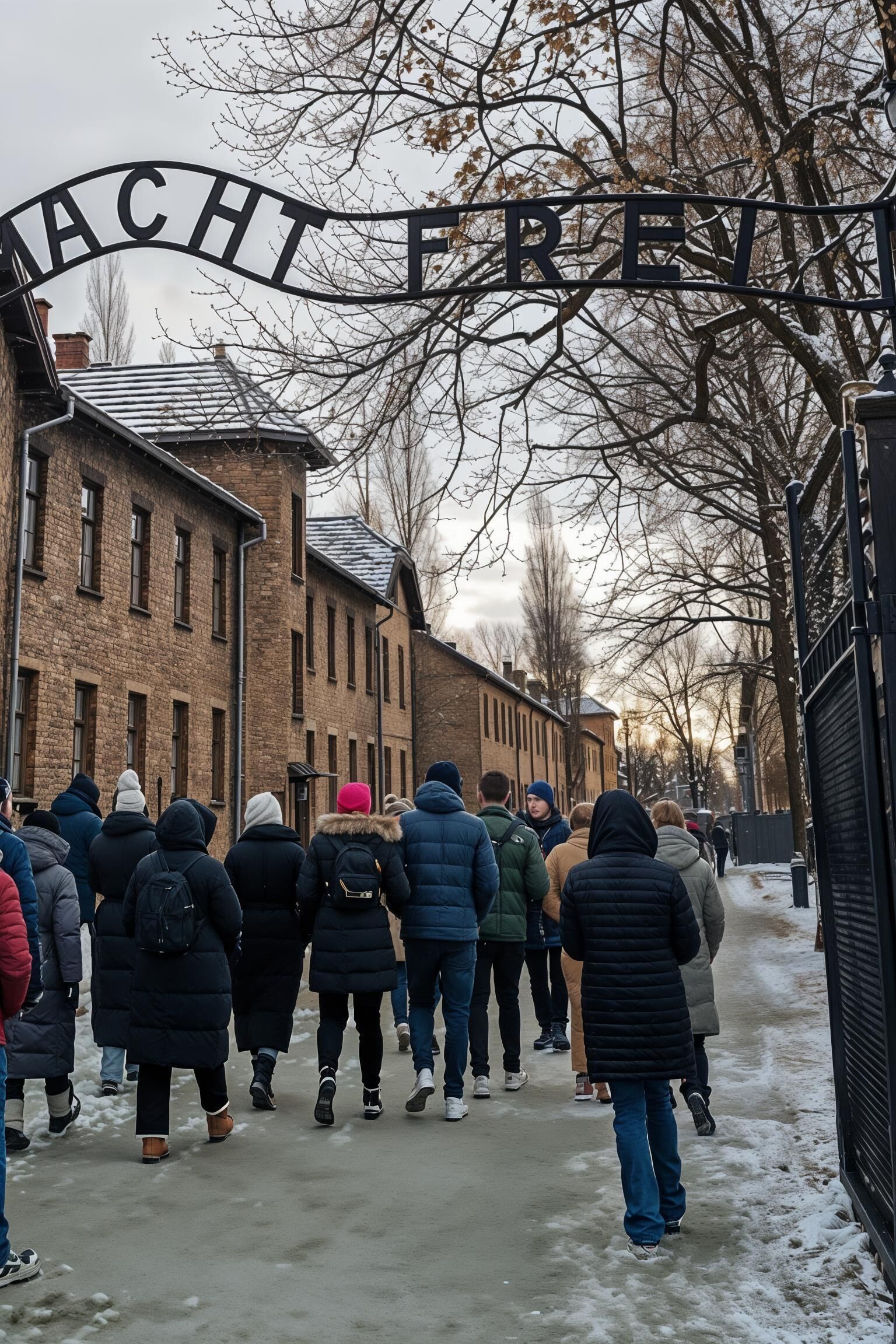 A group of people walking on a snow-covered path towards a building with a sign reading "MACHT FREY".