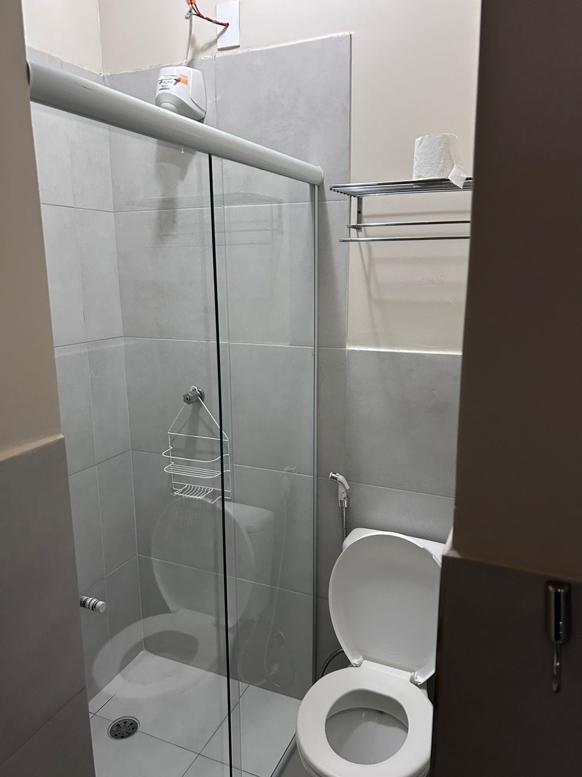 A modern bathroom with a glass-enclosed shower, a toilet, and a towel rack.