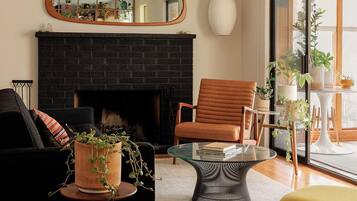 Smart TV, fireplace, books, stereo