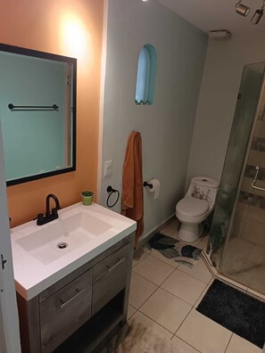 Hair dryer, towels, soap, toilet paper