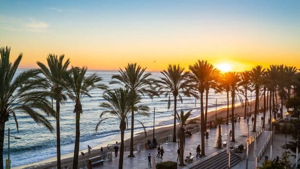A beach promenade with palm trees and a sunset over the ocean.