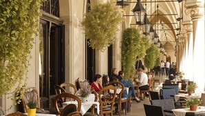 An indoor dining area with tables and chairs, hanging plants, and arched ceilings. - Cracow Fancy Brick #1 – Old Town (Kraków)