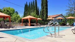 A swimming pool with lounge chairs and umbrellas, surrounded by tall trees and a building.