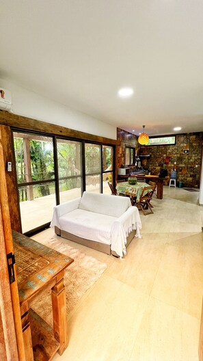 TV connectée, cheminée, livres, imprimantes