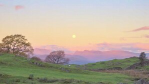 Un paysage vallonné, avec un arbre imposant et une lune bien visible.