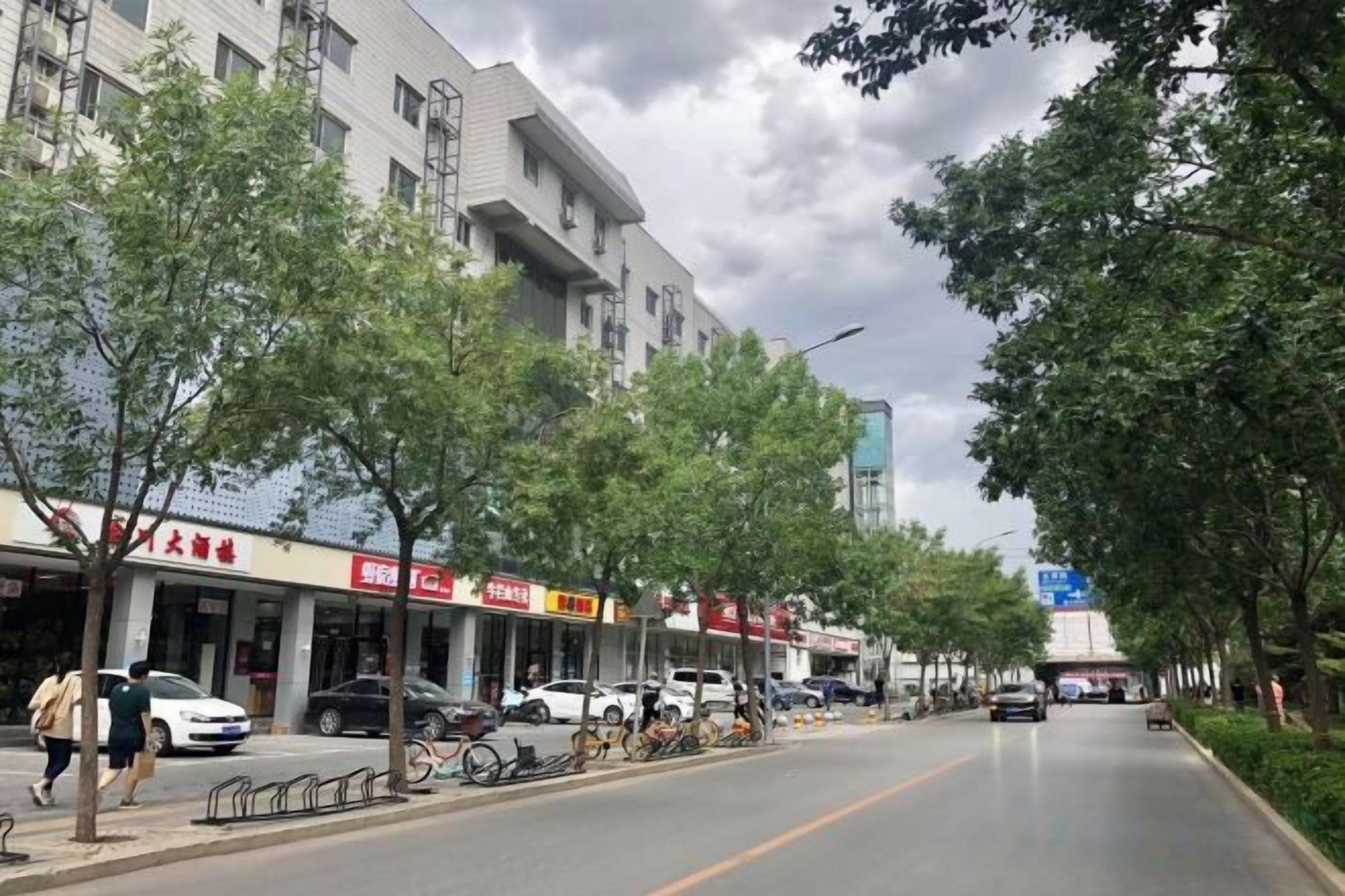 Une rue bordée de boutiques, avec des voitures garées et des arbres.