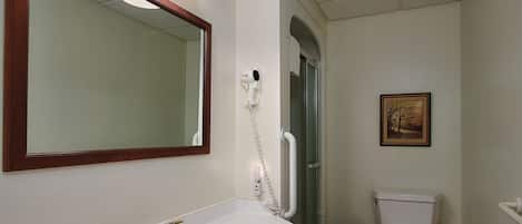 A bathroom with a white sink, a mirror with a wooden frame, a hairdryer, a toilet, and a framed picture on the wall.