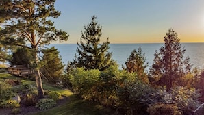 Un paisaje costero con una terraza de madera, abundante vegetación y vista al mar.