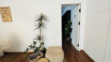 A room with a wooden floor, a white wall, a plant, a bench, and a doorway leading to another room.