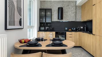 Luxury Apartment, Balcony, City View | Private kitchen | Full-size fridge, microwave, oven, stovetop