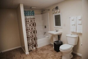 A bathroom with a shower, toilet, sink, and a mirror.