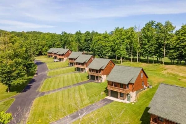A row of log cabins with a paved driveway and grassy areas, surrounded by trees.