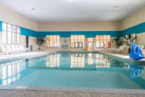 Ein Innenpool mit klarem Wasser, umgeben von LiegestĂŒhlen und Blumentöpfen.