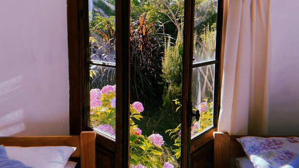 A room with two beds, a window with curtains, and a view of a garden with pink flowers. - Casa Larica (Barra de Valizas)